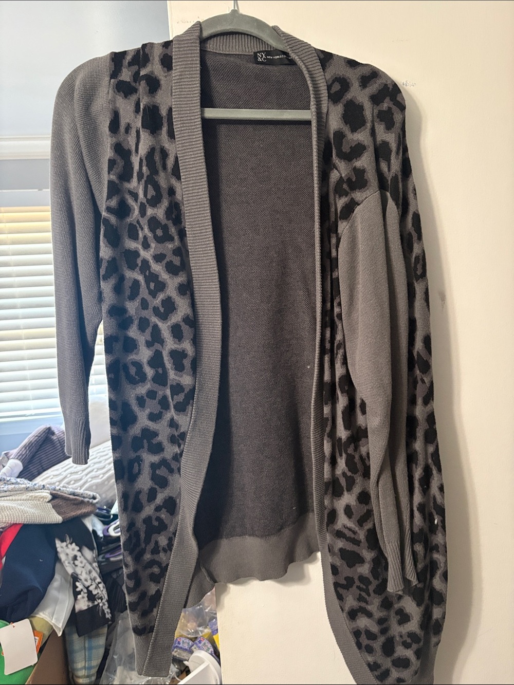 New York & Company Gray and Black Leopard Print Open Cardigan